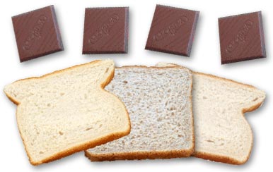 3 tranches de pain et 4 carreaux de chocolat
